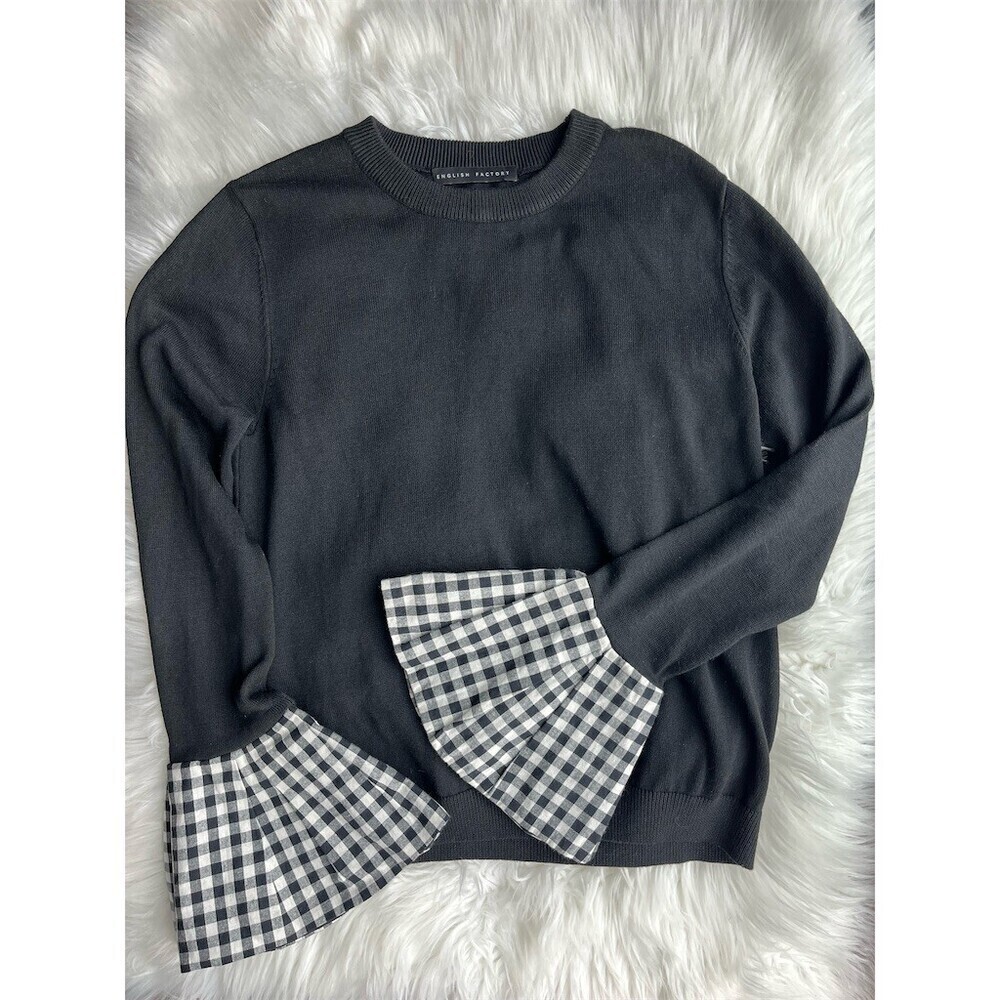 🆕 English Factory Sweater Womens M Black Knit Pullover Crew Neck Bell Sleeve